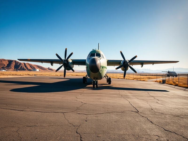 A vintage Antonov An-26B in mid-flight, painted in Soviet-era livery, with its rear cargo ramp open, flying over a rugged, fo