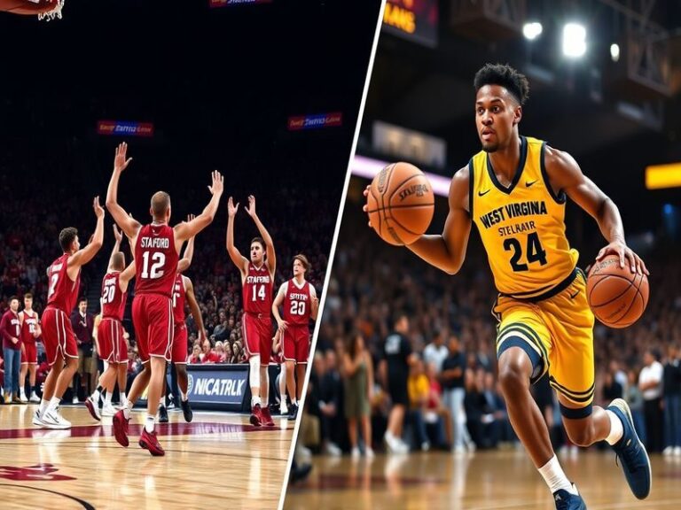 A split-image visual contrasting Stanford University's modern campus in Silicon Valley with West Virginia University's tradit