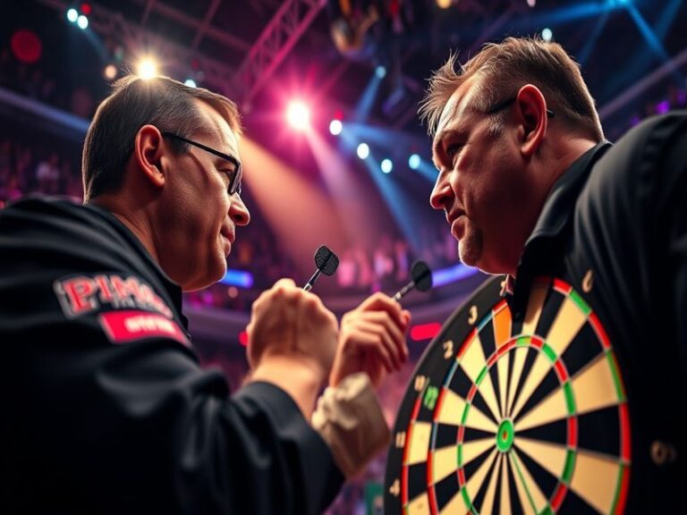 A vibrant arena filled with cheering fans, LED screens displaying player stats, and top darts professionals in mid-throw duri