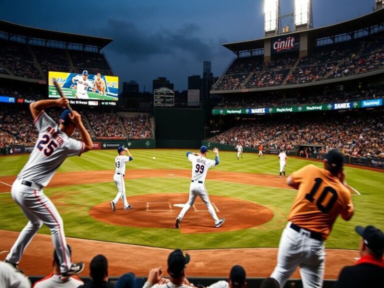 A split-screen image of Citi Field and Oracle Park during a Mets-Giants game, with the scoreboard displaying a close score an