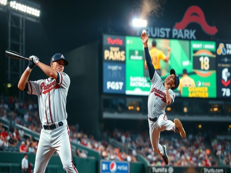 A vibrant scene at Chase Field in Phoenix during a Braves vs Diamondbacks game, with players from diverse backgrounds in acti