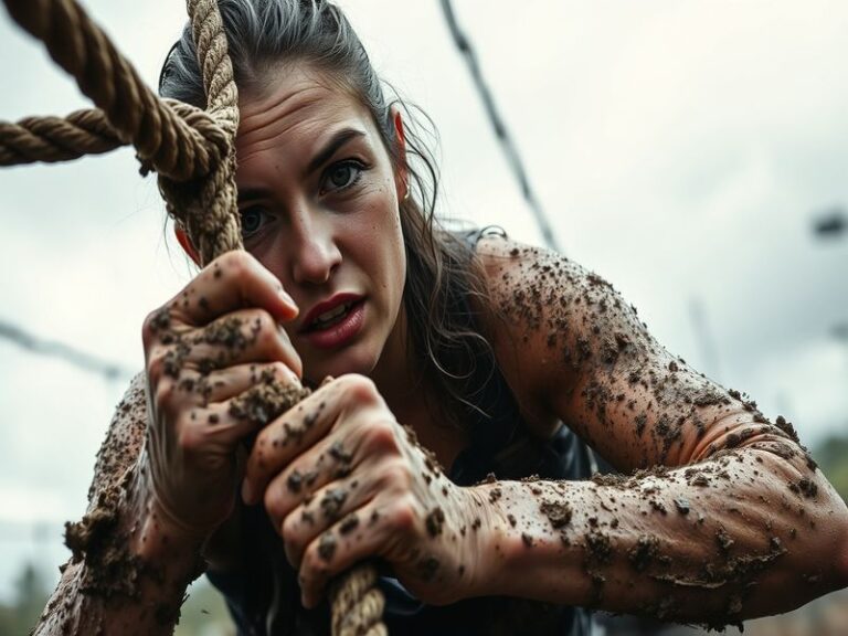 A dramatic shot of Colby Donaldson mid-challenge in the swamp, surrounded by mud and competitors, with a tense expression and
