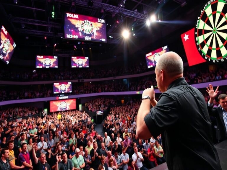A packed arena at The O2 in London during a Premier League Darts match, with a dartboard in focus, bright stage lighting, and