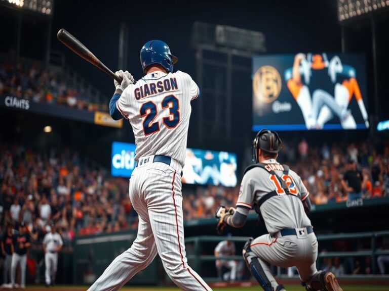 A split-image showing Citi Field in New York on one side and Oracle Park in San Francisco on the other, with fans in team col