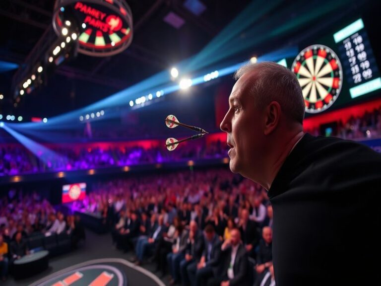 A dynamic arena shot of the Premier League Darts final under bright lights, with a packed crowd cheering, a player mid-throw