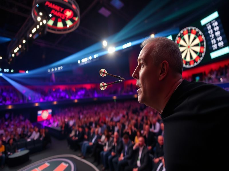 A dynamic arena shot of the Premier League Darts final under bright lights, with a packed crowd cheering, a player mid-throw