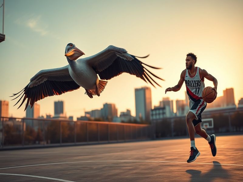 A dynamic basketball court scene featuring Zion Williamson of the Pelicans and Anfernee Simons of the Trail Blazers mid-game,