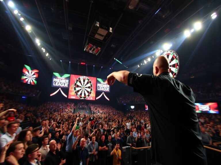A vibrant arena shot of the Premier League Darts stage, featuring players in action with a massive dartboard backdrop and che