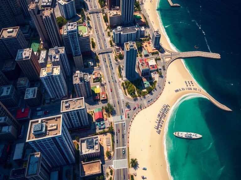 A cinematic aerial view of Vice City at dusk, blending neon-lit skyscrapers with coastal highways, dynamic weather effects, a