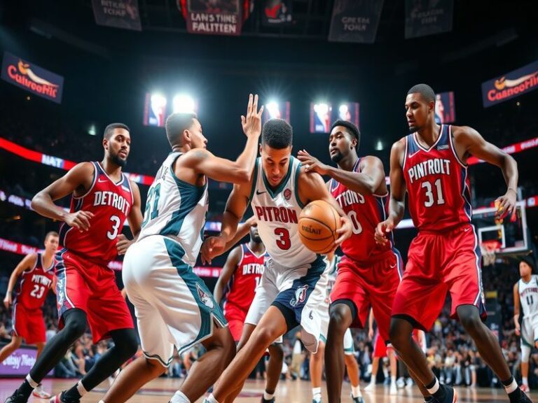 A split-screen image showing the Detroit Pistons' blue-collar team in action on one side, and the Minnesota Timberwolves' hig