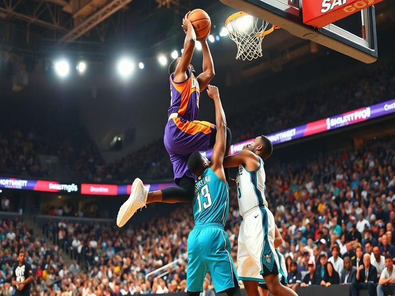 A dynamic NBA court scene featuring Devin Booker (Suns) and LaMelo Ball (Hornets) in mid-play, with Chris Paul and Terry Rozi
