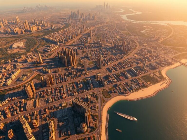 A vibrant, cinematic concept art of a Miami-inspired GTA VI map at dusk, featuring neon-lit streets, beaches, and urban skyli