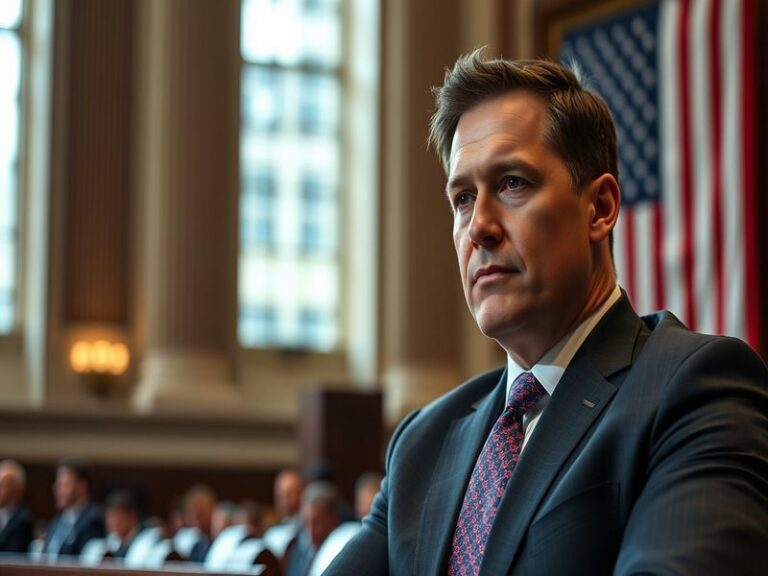 A professional portrait of Markwayne Mullin in a suit, standing outdoors in Oklahoma with a subtle background of oil rigs or
