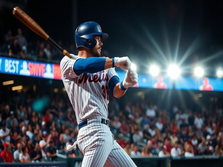 A focused action shot of Mark Vientos mid-swing at Citi Field, bat blurred from speed, wearing the Mets' navy and orange unif