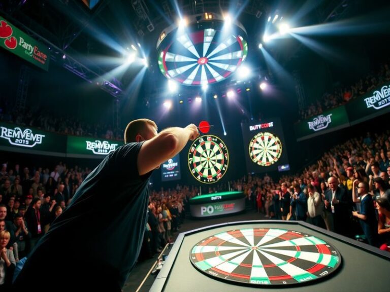 A vibrant indoor arena packed with cheering fans, illuminated dartboards on stage, and players in mid-throw under bright ligh
