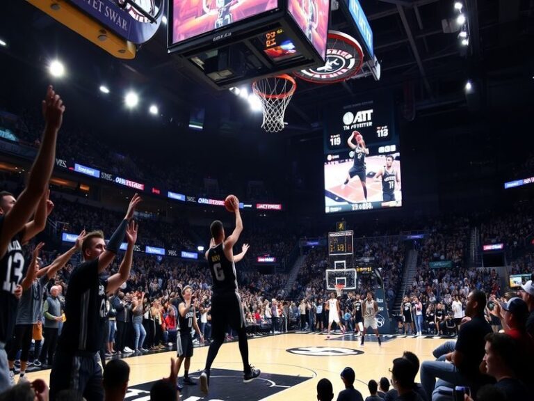 A dynamic shot of the Spurs' bench during a timeout at Frost Bank Center, with players focused and fans in the background. Th