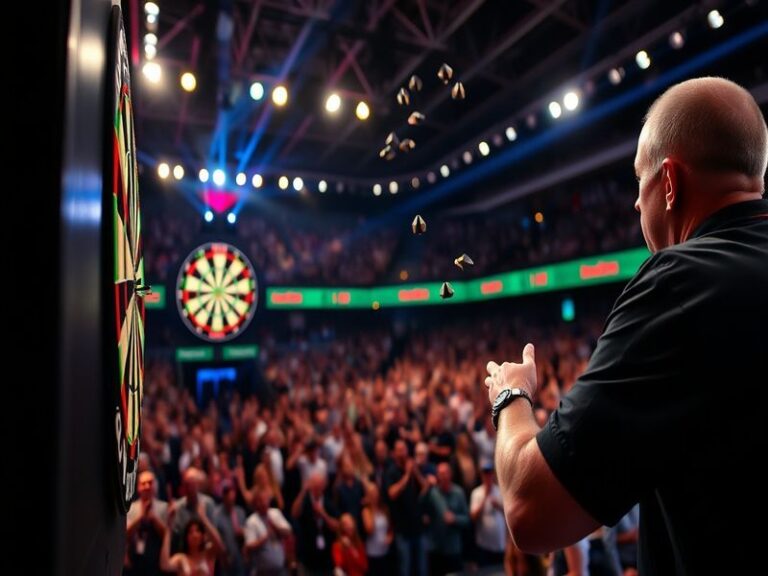A dynamic shot of a Premier League Darts match at Alexandra Palace, featuring players in action, a packed arena with holograp