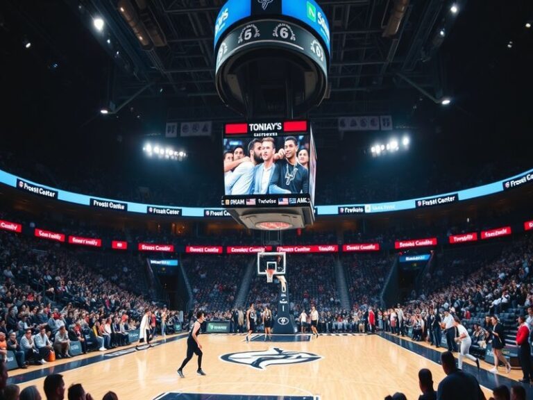 A dynamic NBA basketball scene at the Frost Bank Center featuring the San Antonio Spurs in white and black uniforms playing a