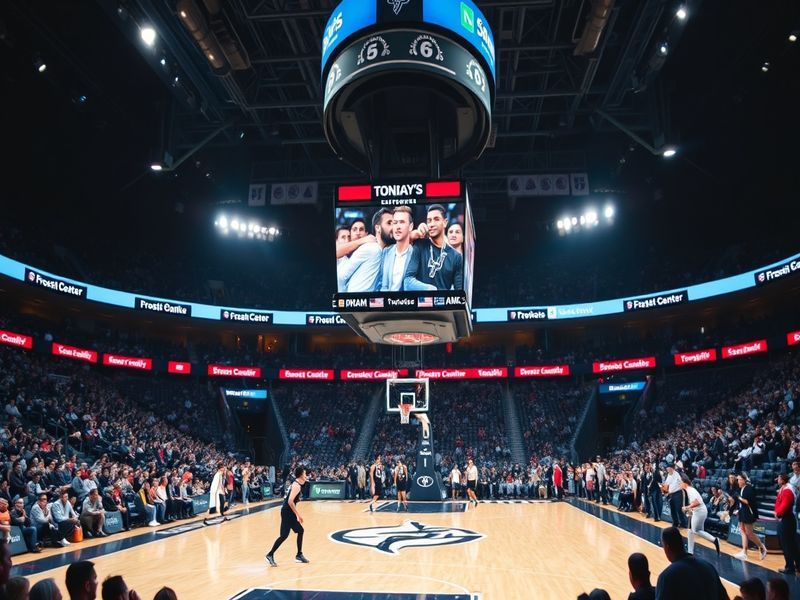 A dynamic NBA basketball scene at the Frost Bank Center featuring the San Antonio Spurs in white and black uniforms playing a