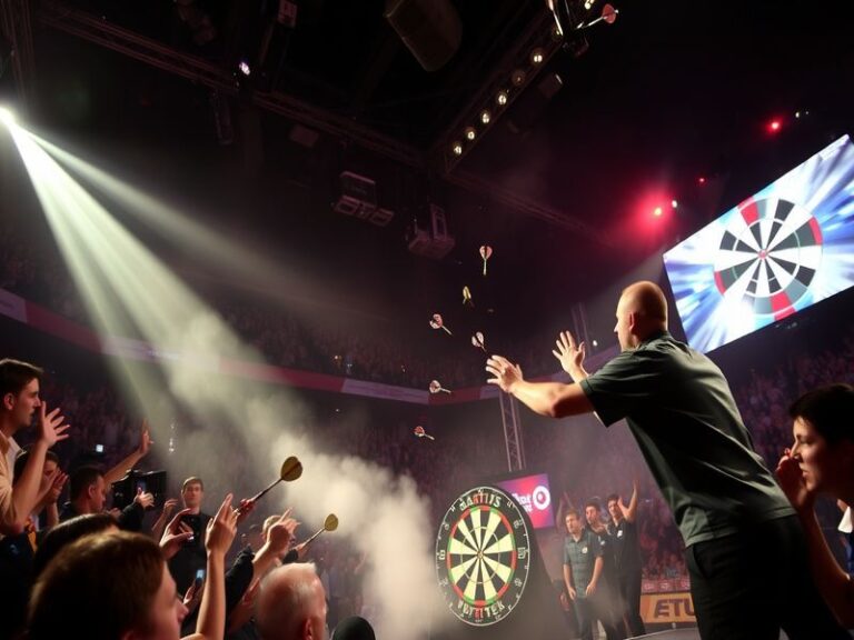 A vibrant arena scene at the O2 Apollo Manchester during a Premier League Darts live event, with players on stage, a packed c
