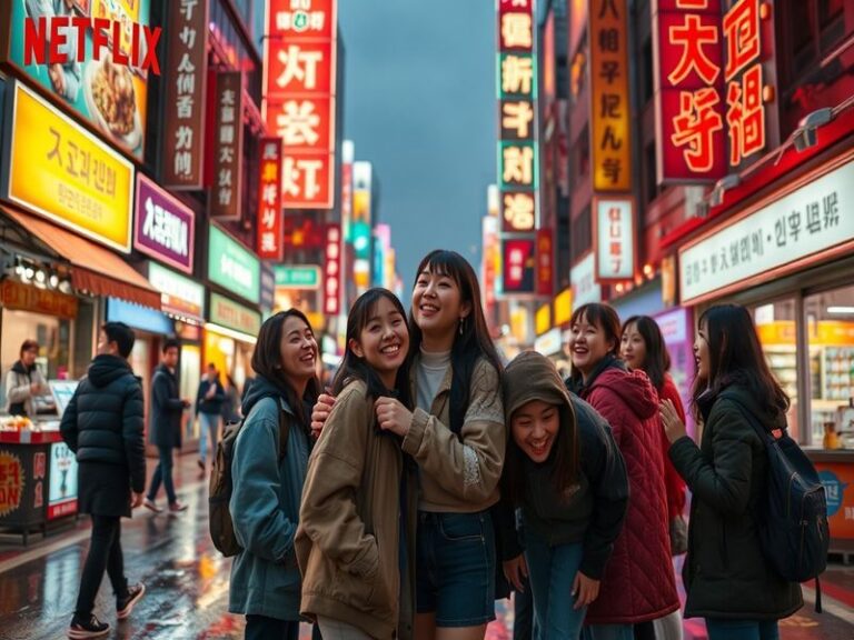 A vibrant promotional image of XO Kitty Season 3 featuring the cast in a modern Seoul setting, with neon lights, trendy fashi