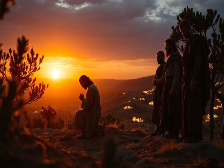 A cinematic still of Simon Peter, Jesus, and the disciples walking along a dusty Judean road at golden hour, with warm sunlig