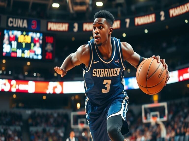 A dynamic action shot of Dariq Whitehead in a Duke Blue Devils uniform, mid-dribble on a packed court, with a blurred backgro