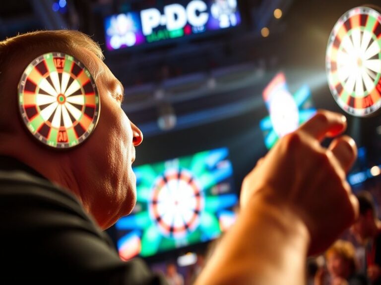 A vibrant indoor sports arena filled with cheering fans, brightly lit with LED screens displaying darts scores. Players in ac