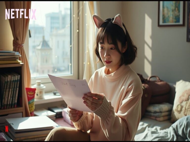 A vibrant promotional image of XO Kitty Season 3 featuring Anna Cathcart in a stylish urban Seoul setting, surrounded by a di