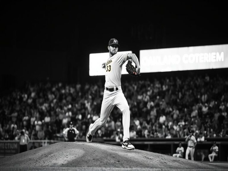 A dynamic action shot of Sean Manaea pitching for the Oakland Athletics, wearing a green and gold uniform, with a focused exp