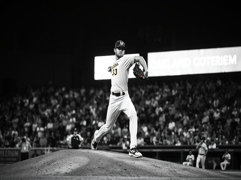 A dynamic action shot of Sean Manaea pitching for the Oakland Athletics, wearing a green and gold uniform, with a focused exp