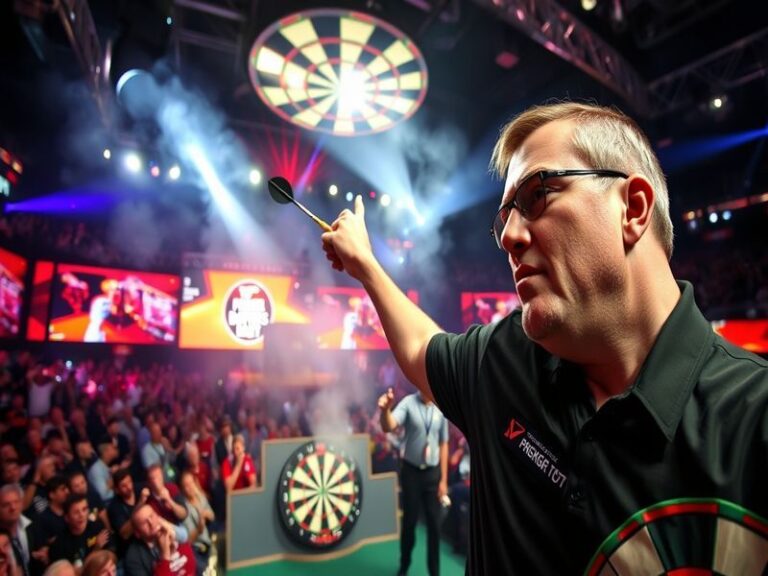 A packed indoor arena with bright lights, large LED screens displaying dart averages, and a crowd in mid-cheer during a Premi