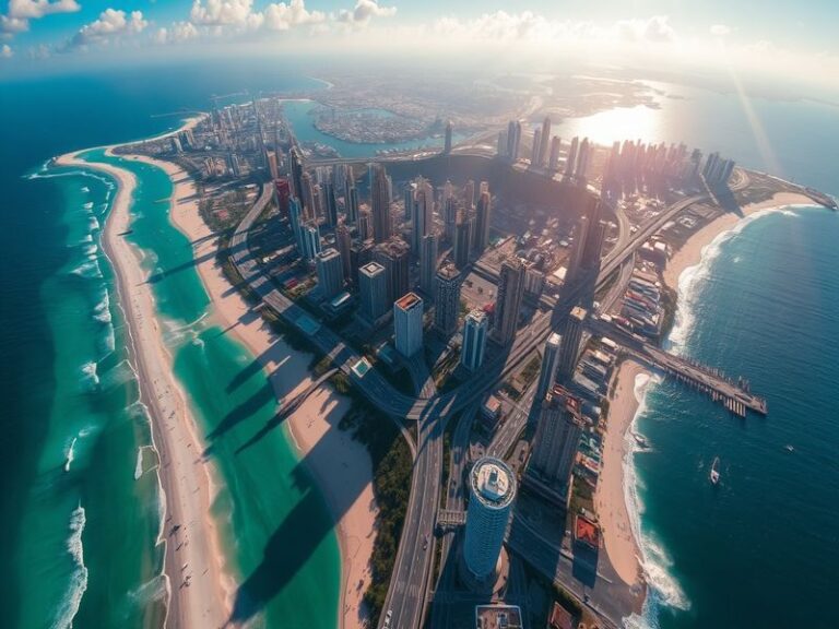 A cinematic aerial view of Vice City at dusk, showcasing neon-lit skyscrapers, palm-lined beaches, and swamplands, with a mix