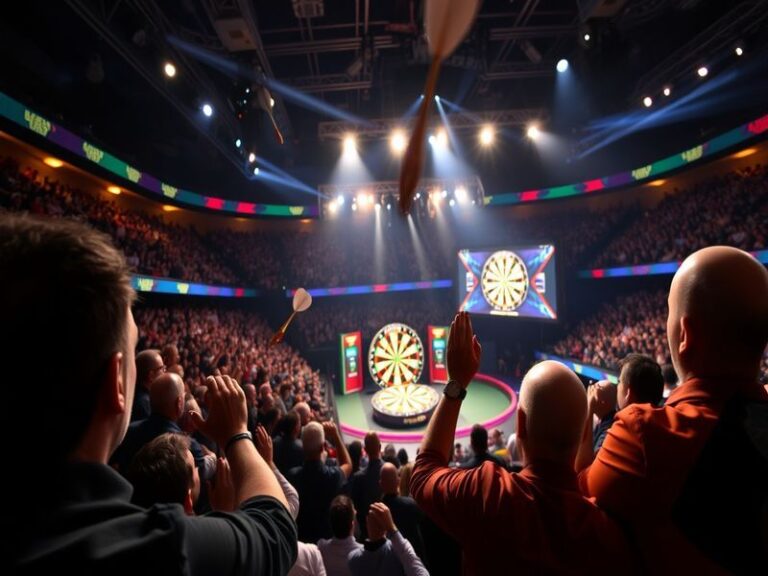 A vibrant arena shot of Premier League Darts with players in mid-throw, bright lights, and a live audience cheering. The stag