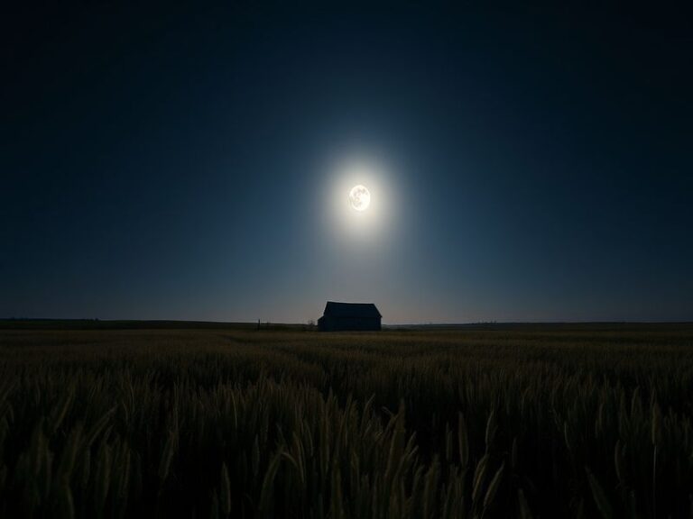 A high-contrast night sky photograph featuring a nearly full moon rising over a silhouetted landscape, with soft clouds and a