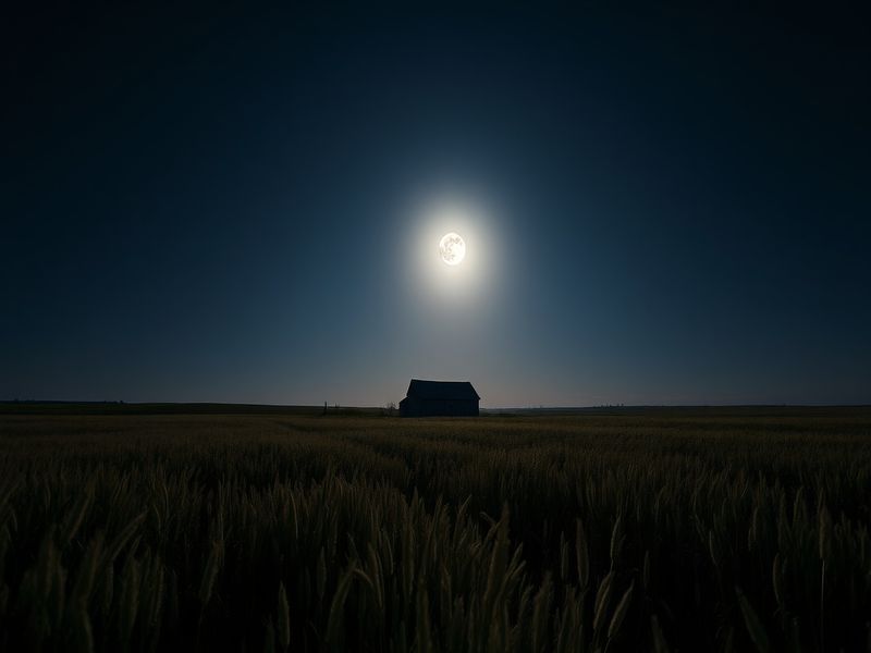 A high-contrast night sky photograph featuring a nearly full moon rising over a silhouetted landscape, with soft clouds and a