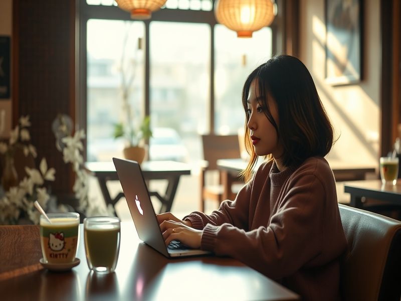 A vibrant promotional image of Kitty Song Covey (Anna Cathcart) smiling in a trendy Seoul café, surrounded by friends, with n