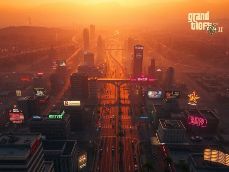 A cinematic overhead shot of Vice City’s neon-lit streets at night, featuring towering skyscrapers, bustling highways, and a