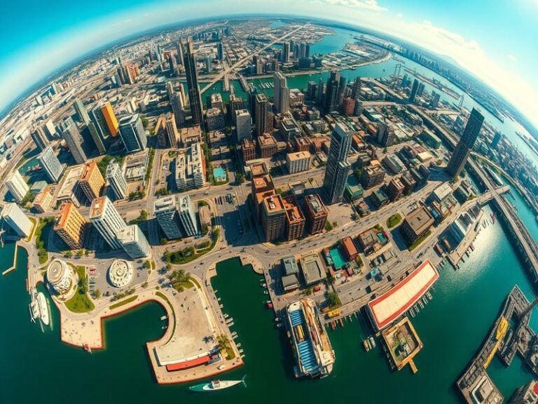 A cinematic aerial view of Vice City’s neon-lit skyline at dusk, featuring iconic landmarks like the Washington Monument and