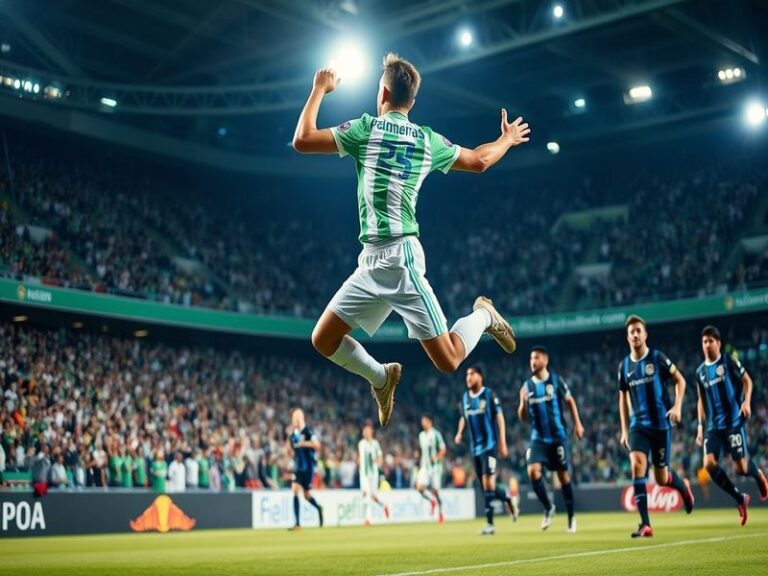 A vibrant stadium scene capturing Palmeiras and Grêmio players in action, with fans in the background creating a sea of red,