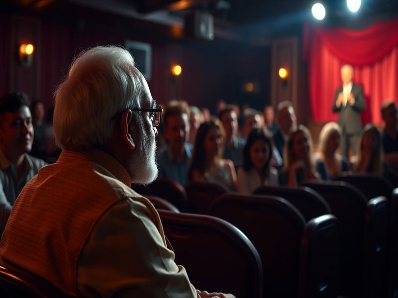 A split-image composition showing a comedian on stage performing a Modi impression on one side, and Narendra Modi speaking at