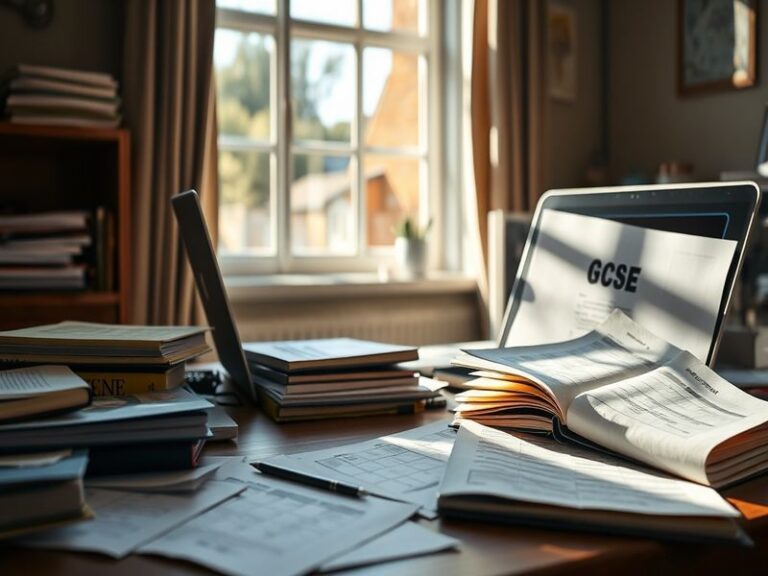 A classroom with empty desks and a chalkboard displaying 'GCSE Exams Cancelled' in chalk, symbolizing the disruption and chan