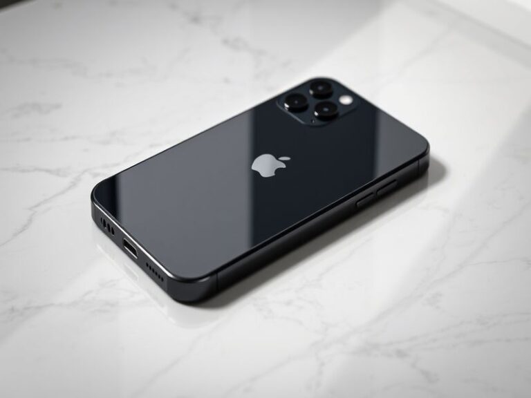A sleek iPhone 17 Pro Max displayed on a minimalist surface with a subtle gradient background. The device features a titanium
