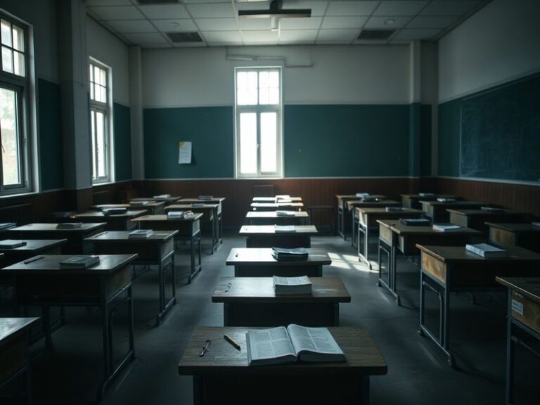 A classroom with empty desks and a closed exam hall door, symbolising the cancellation of GCSE exams. The scene is quiet and