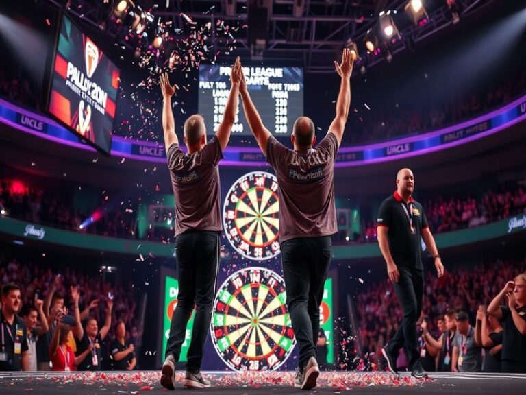 A tense moment at the oche during a Premier League Darts match, featuring players in sharp focus with the dartboard illuminat