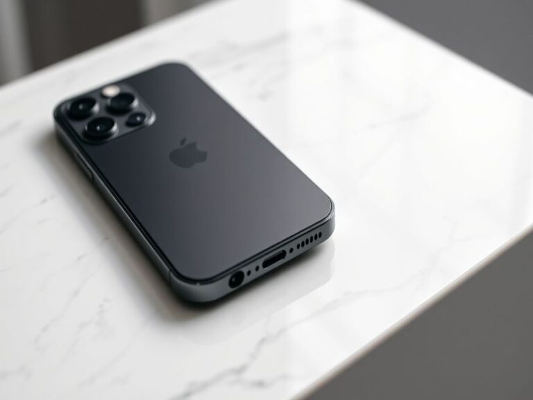 A sleek iPhone 17 Pro Max in Natural Titanium, angled to showcase its flat back, camera island, and slim profile against a ne