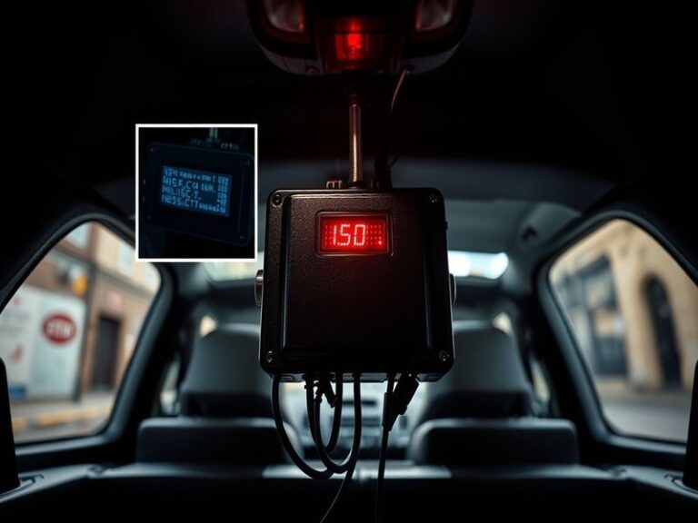 A close-up of a black telematics device installed in a car's OBD port, with a dashboard display showing real-time vehicle dat