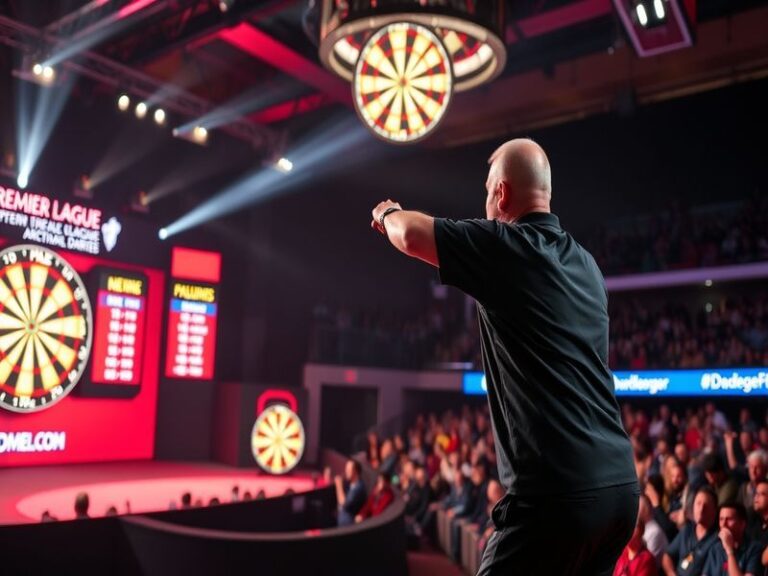 A vibrant image of the Premier League Darts stage, featuring players in action with cheering fans in the background, capturin