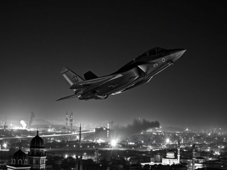 A dramatic scene showing military equipment and flags, with Israeli and Iranian symbols in the background, depicting the tens