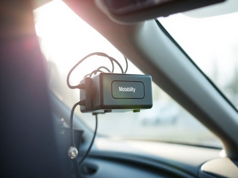 A close-up of a black box telematics device installed in a car’s dashboard, with a GPS antenna visible. The setting is a well